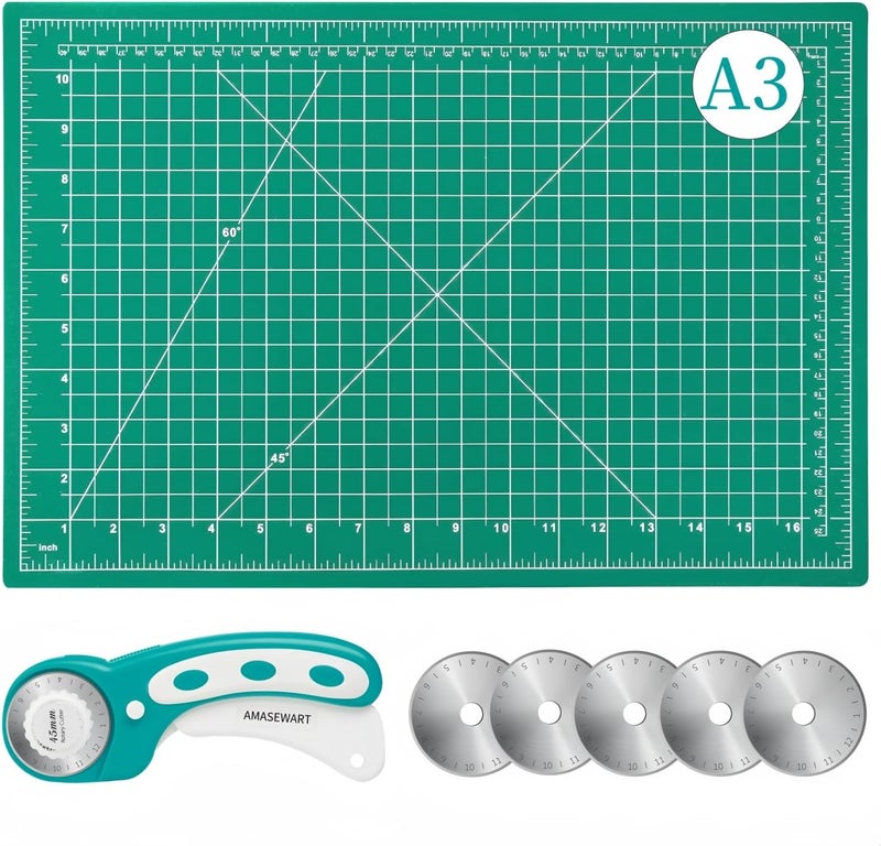 AMASEWART 45mm Rotary Cutter and Mat Set, Fabric Cutter Wheel and 12x18 Inch Self Healing Sewing Cutting Mat, Fabric Rotary Cutter with 5pcs Rotary Blades for Quilting Patchworking Crafts, Turquoise - Image 1